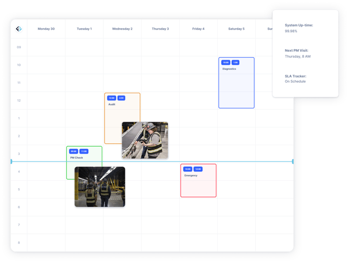 Illustrated calendar showing proactive maintenance tasks with diagnostics summary panel.3 Illustrated calendar showing proactive maintenance tasks with diagnostics summary panel.3