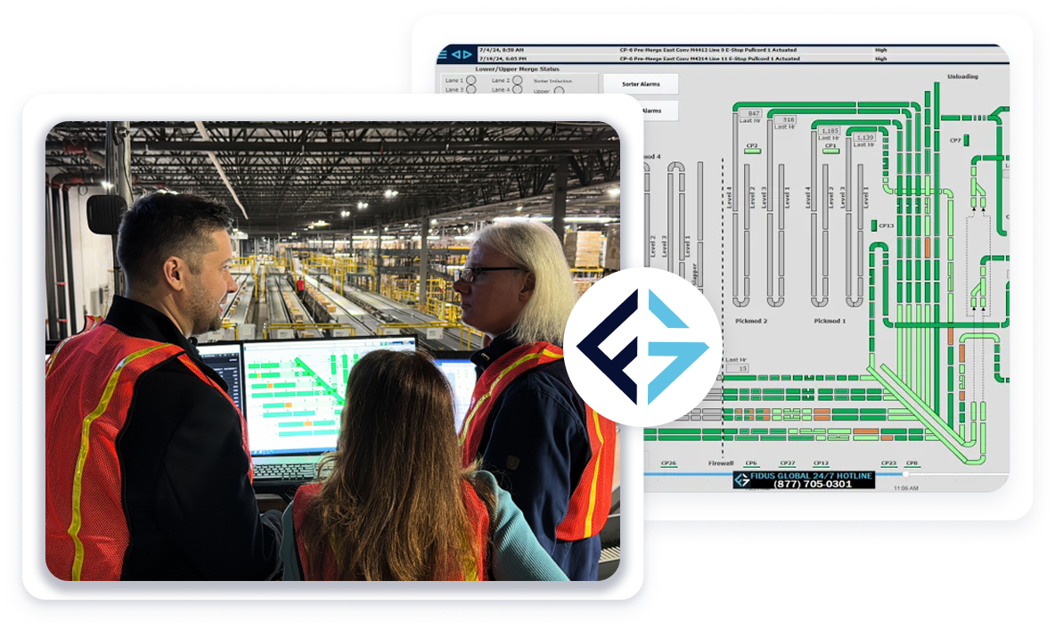 Warehouse engineers reviewing custom system plans onsite Warehouse engineers reviewing custom system plans onsite